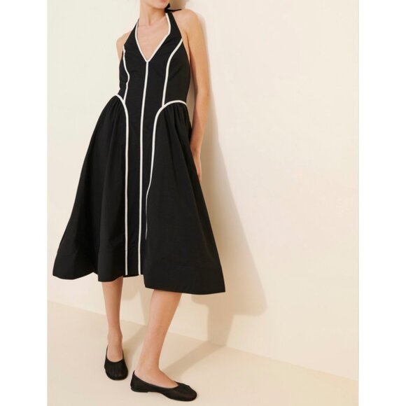 Anthropologie Halter V-Neck Fit & Flare Midi Dress Size S Petite Black - Picture 6 of 9